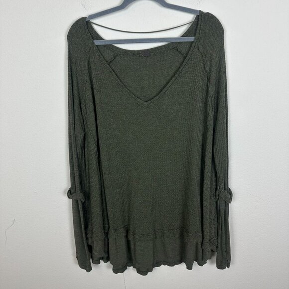 We the Free Green Ribbed Tunic Blouse L Soft Stretch Minimalist Oversized - Picture 1 of 10